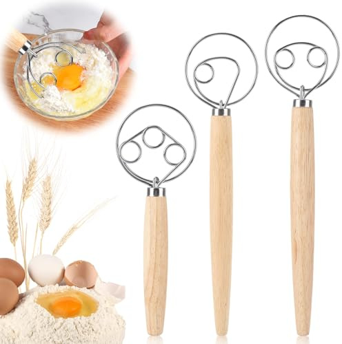 3 Stück Dänischer Teigbesen, Dänischer Schneebesen, Eierschläger mit Holzgriff, Brotteigmischer mit Doppellöchern zum Backen von Brot, Teig, Kuchen, Gebäck, Pizzateig