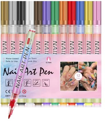 Nail Art Pens, Nail Art Maker, Polish Pens,12 Colors 0.05/0.7mm Fast Drying Gel Polish Markers for DIY Painting, DIY Nail Tool Set for Liner, Doodle, Dotting, Kids Adults Women Beginners (Set B-0.7mm)