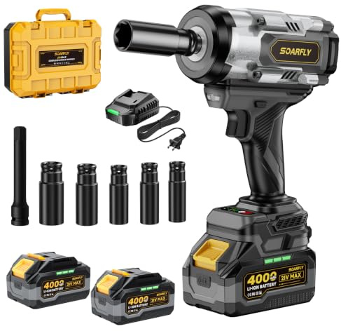 SoarFly cle a choc sans fil 1500N.m 21V, boulonneuse a choc brushless 1/2 pouce, clé à choc avec 2 batteries 4.0Ah, 3 vitesses LED, coffret douilles pour auto camion bricolage