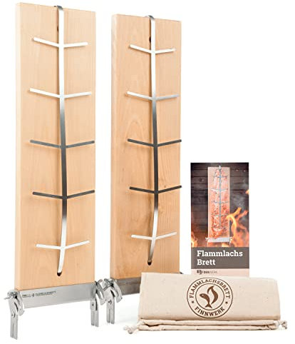 FINNWERK Flammlachsbrett - Flammlachsbretter mit Halterung aus Edelstahl - Perfekte Lachsbretter zum Grillen aus massiver Birke - Auch Ideal als Räucherbrett - Winkelsystem zur optimalen Einstellung