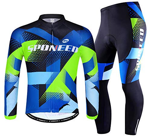 sponeed Fahrradbekleidung für Herren, langärmelig, Mountainbike, Rennrad, Trikots, gepolsterte Hose, Biking-Outfits, Mehrfarbig/Meereswellen (Ocean Tides), Medium