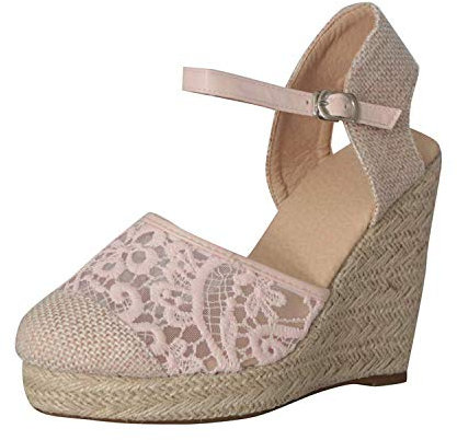 Minetom Espadrille Compensées Femme Elegantes Dentelle Sandales Talon Plateforme Lanière Cheville Sandale Chic Boucle Fond Épais Chaussures Rose 39 EU