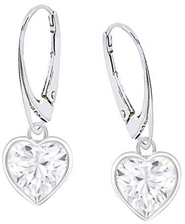 Herz Ohrringe Silber 925 Hängend mit Zirkonia Stein Mädchen Damen Hängeohrringe (Weiss)