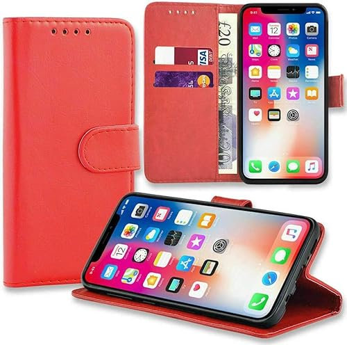ASD Accessories iPhone 5-5S Wallet Flip Case - Leather Premium Folio Phone Cover [Kickstand] [Cash & Card Slots] [Magnetic Closure] Wireless Charging Compatible Real Leather For iPhone 5-5S (Red)