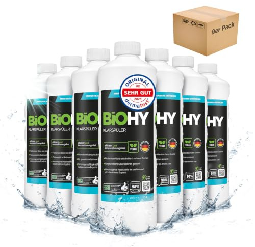 BiOHY Klarspüler (9 x 1 Liter) | Bio Geschirrspülmittel | ideal für alle Spülmaschinen | EXTRA STARKER Fettlöser für Gastronomie & Haushalt | frischer Glanz auf Glas & Geschirr
