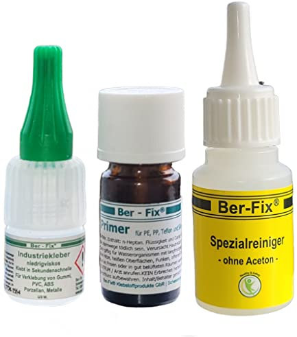 Ber-Fix Kunststoff Set To Go + Reiniger Set aus Industriekleber Ihr Neuer Sekundenkleber extra stark + Primer für PE PP PTFE HDPE Silikon mit Holz Metall ABS GFK Porzelan