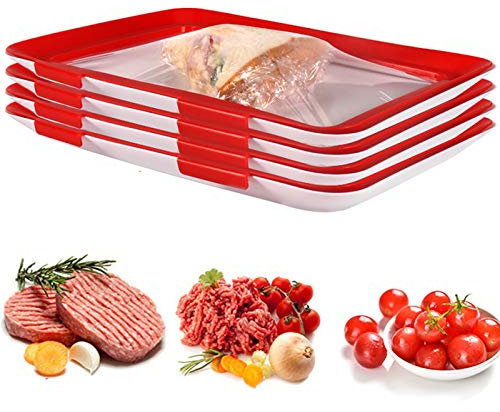 Vacuum Fresh Storage Tray, Reusable Creative Food Storage Container Stackable Food Preservation Tray Vacuum Preservation Tray with Elastic Lid, for Vegetable Fruit Meat Fish(Upgraded)(4 PCS)