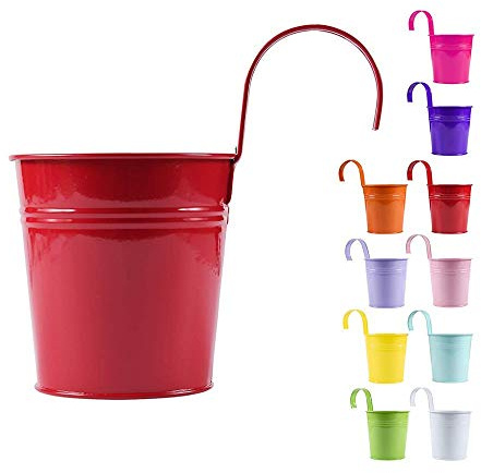 Mediawave Store - Juego de 10 macetas para flores de metal de colores surtidos con forma de cubo para colgar, para plantas de jardín con agujero de drenaje gancho desmontable (27 x 14 x 12 cm).