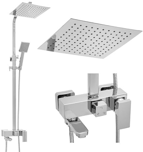 Yoka Home - Duscharmatur Komplettset - 25 x 25 cm Regendusche mit Armatur - Duschsystem mit Unterem Auslauf - Duschset - Duschkopf mit Schlauch 150 cm - Chrom