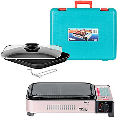 Mianova Set di cartucce a gas da campeggio, per barbecue e campeggio, fornello a gas, barbecue da tavolo, piastra grill da tavolo e valigetta