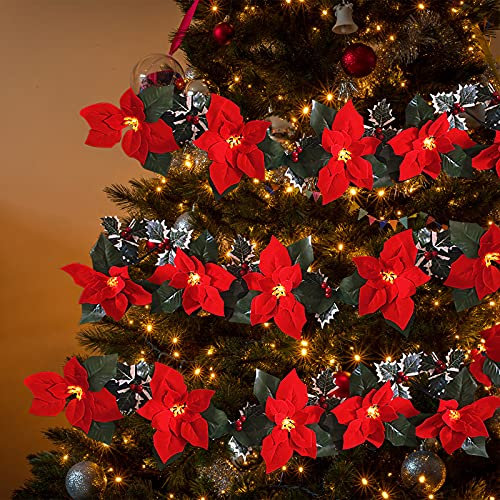 NZXVSE 2m Lighted Poinsettia Christmas light string, 10 LED Light Poinsettia Xmas Swag, Poinsettia flower garland with Red Berries and Holly Leaves, Battery Operated