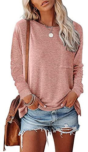 SMENG Pull Femme Tee Shirt Femme Coton T-Shirts décontractés à Manches Longues et col Rond pour Femmes Blouses Sweat-Shirts Oversize Femme Rose Petit