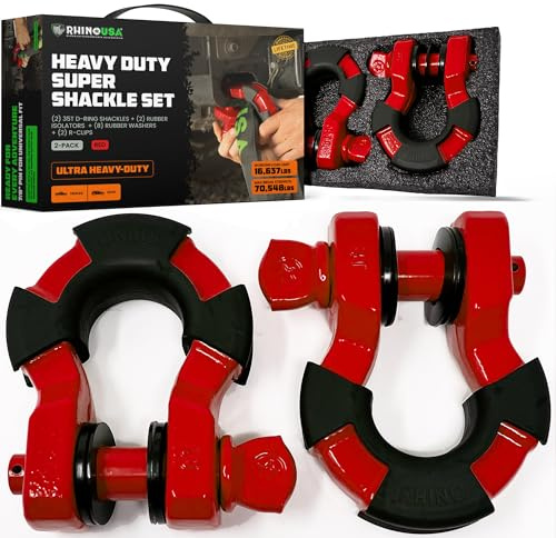 Rhino USA Super D Ring Shackles (2-Pack) - 70,548lb Break Strength – Heavy Duty 3/4 Clevis Shackle with 7/8 Pin for Towing & Off-Road Use - Pairs with Tow Strap for Vehicle Recovery (Red)