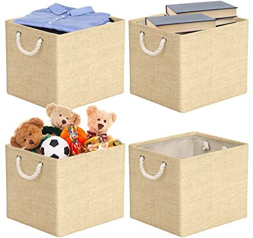 RIWNNI 4 Stück Stoff Aufbewahrungsbox Faltbare Aufbewahrungskiste,Canvas Stoffkorb Aufbewahrungskorb 33 * 38 * 33CM für Kallax-Regale, Faltbox Stabil und Abwaschbar-Beige