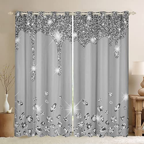 Loussiesd Silber Glitzer Blickdichte Vorhänge (kein Glitzer) Bling Party Dekoration Grau Vorhänge für Kinder Jungen Jugendliche Diamant und Schmuck Fenstervorhang 175x140cm Raumdekoration