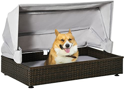 PawHut Rattan Hundehütte mit Dach Hundeliege Hundehaus Haustierbett Hundebett Hundekorb Hundesofa Hunde Outdoor Kissen Kaffee+Grau 90 x 60 x 65 cm