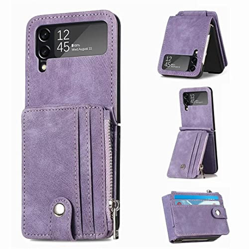 KRjcsfhy Designed Samsung Galaxy Z Flip 4 5G Case, Zipper Flip Leather Wallet Samsung Z Flip 4 5G Case, Shockproof Cover Card Holders Kickstand Phone Case Samsung Galaxy Z Flip 4 5G, Purple