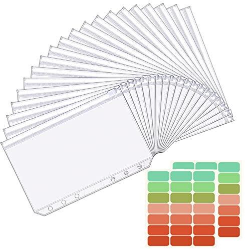 20 Stück A5 Binder Taschen 6 Löcher Reißverschluss Loose Blatt Taschen mit 2 Aufkleber Beschriften Wasserdichter PVC Transparent Loseblatt Taschen für A5 Notebook Budget Binder Planner