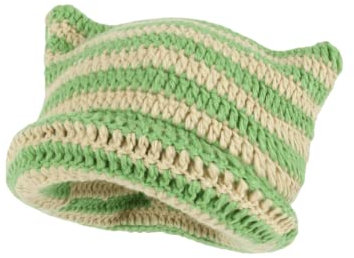Damen Slouchy Crochet Devil Cat Ear Beanie Hat Y2K Stripes Gestrickte Skully Caps Retro Vintage Winter Warm Ski Beanies, Grün / Gelb