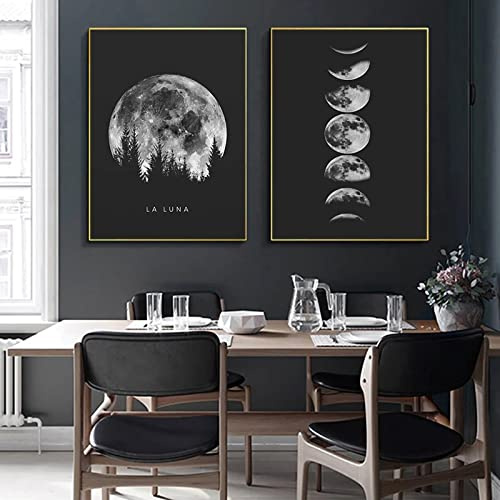 Trayosin Premium Poster Set, 2 Bilder Minimalistisches Schwarz Weiß Mondphasen Kunstdruck Modern Wandbilder, Wanddeko für Schlafzimmer und Wohnzimmer,Poster Vintage,OHNE Rahmen (21x30cm)