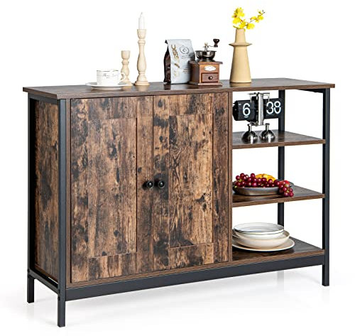 COSTWAY Industrial Storage Cabinet, Freestanding Wooden Buffet Sideboard with Doors, Adjustable Shelves & 3-Tier Side Rack, Home Kitchen Dining Room Display Organiser Cupboard (2 Doors, 110x33x75cm)
