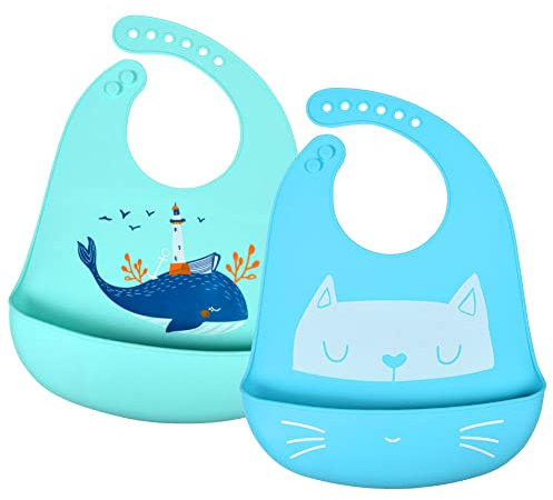 Vicloon Silikon Baby Lätzchen, 2 Stück Baby Fütterlätzchen mit Auffangschale 6 Verstellbaren Tasten, BPA Frei, Babylätzchen Einfache Reinigung, Wasserdicht für Babys Jungen und Mädchen(Blau-Grün)