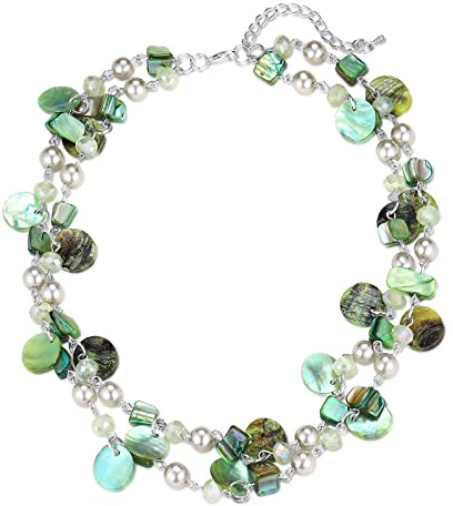 FULU AUTUMN Collier de Perles en Coquillage Turquoise pour Femmes Collier à Pendentif en Couches Bohémien D'été Costumes de Plage Bijoux pour Femmes(Green)