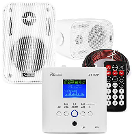 Power Dynamics BTW30 Bluetooth Garden Speaker System with Amplifier, 2x White BGO30 3 Weatherproof External Garden Speakers and Speaker Cable Kit Easy Installation Outdoor Audio Setup