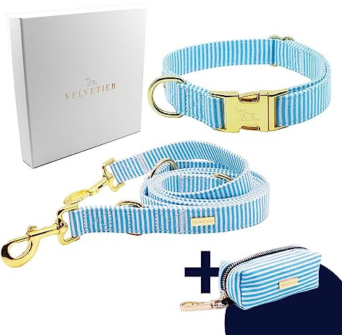 VELVETIER® Sailor | Hundehalsband, Hundeleine & Beutelspender im Set | Hochwertiges Canvas mit goldenen Metallapplikationen | Flexibel verstellbar | Große & kleine Hunde (M/L: 39 - 59cm)