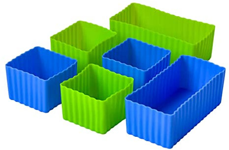 Yumbox Accesorios de silicona Bento Box – Juego de 6 mini cubos multicolor (4) y rectángulos (2) en azul y verde – Perfecto para porciones de almuerzo y tazas para hornear
