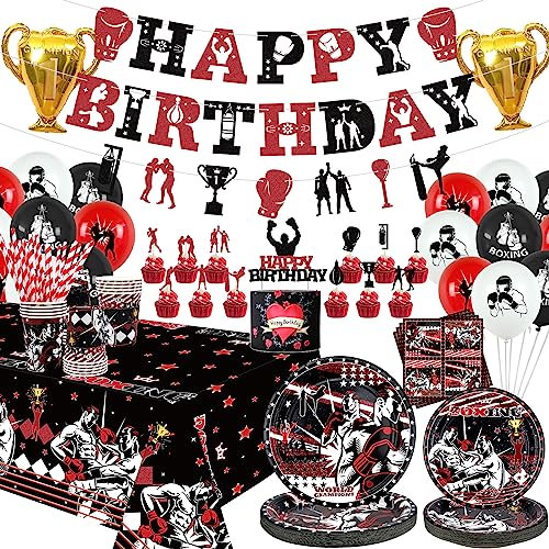 Box-Geburtstagsparty-Dekorationen, Boxen, Match, Kampfsport, Partyzubehör – Happy Birthday Banner, Teller, Tischdecken, Luftballons, Servietten, Tassen, Wrestling-Partyzubehör, für 20 Gäste