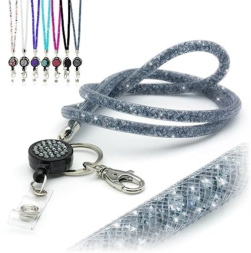 CKB LTD Grau glitzerndes Umhängeband mit Strasssteinen, mit drehbarem Metallclip und glitzerndem einziehbarem Ausweishalter, 1 Stück