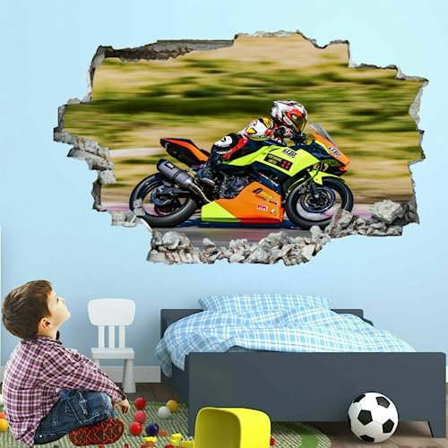 Wandtattoo Kunst Wandtattoo 3D Smashed Racing Car Abnehmbarer Wandaufkleber Zimmerwandaufkleber Motorrad Selbstklebendes Poster Tattoo Kinderaufkleber Wandbild Junge Kinderzimmer Schlafzimmer Dekor