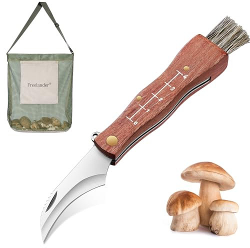 Freelander Couteau à champignons avec brosse et sac, couteau de poche pliant outdoor avec manche en bois, set de couteaux à champignons cadeau pour les cueilleurs de champignons