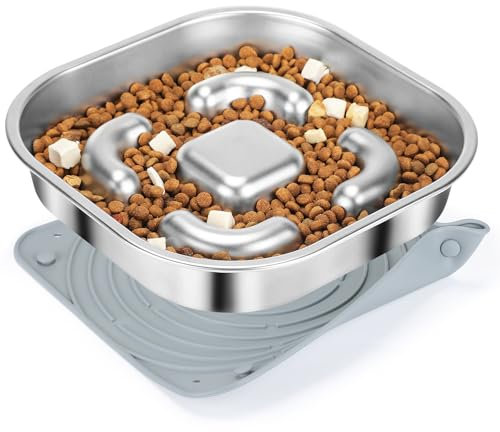HAPPY HACHI Slow Feeder Dog Bowl, 3 Cup Dog Bowls to Slow Down Eating, with Non-Slip Silicone Mat, Dog Food Bowl for Medium Large Breeds, Anti-Gulping Healthy Eating Stainless Steel Pet bowls