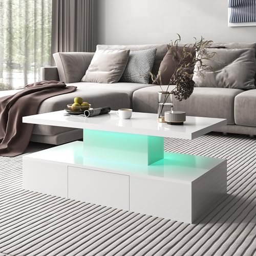 Merax LED Couchtisch Wohnzimmertisch mit Schubladen Hochglanz, Modern Beistelltisch Kaffeetisch mit Zwei Ablageebenen, Multifunktionaler Sofatisch Mitteltisch, 100 x 50 x 39 cm, Weiß