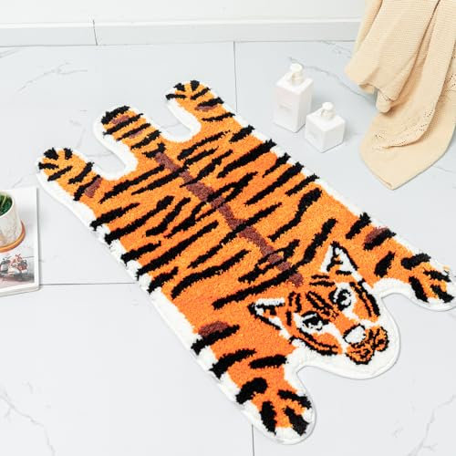 YulyreZome Tiger Badematte für Badezimmer, lustig, niedlich, orange/gelb, Tiger, Cartoon, Badezimmerteppich, rutschfest, Tier-Fußmatte, waschbar, saugfähig, Badewanne, Plüsch, Mikrofaser, Dekor,