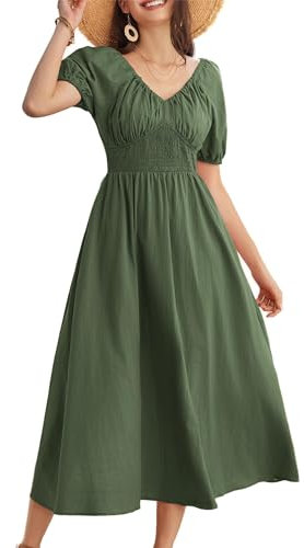 GRACE KARIN Green Maxi Dress for Ladies Summer Short Puff Sleeve V Neck Ruched Wedding Guest Victorian Dresses for Women M Size 14