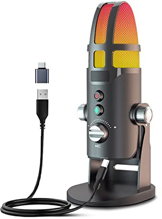 STMKB USB-Kondensatormikrofon, Buntes RGB-Spielemikrofon, Integrierte Soundkarte Und Aufnahmefunktion, 6 Klangmodi, 360°-Rundumeinstellung, Einfach Zu Bedienen
