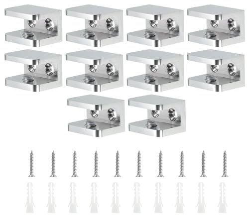 QUARKZMAN Pince de Fixation pour Étagère en Verre, Lot de 10 Pinces en Cuivre Argenté Réglables pour Verre de 10-12 mm d'Épaisseur, Support de Fixation pour Panneau en U