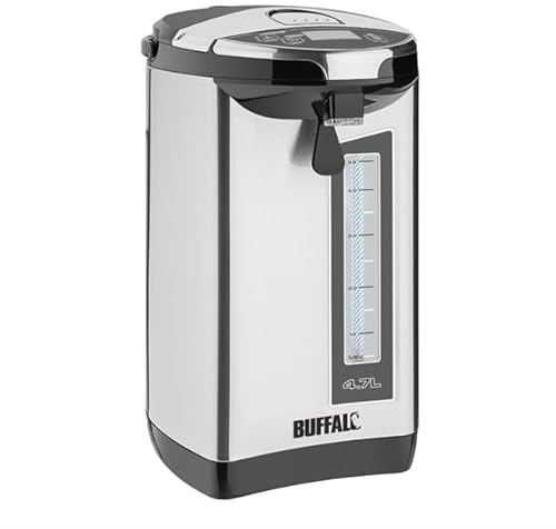 Buffalo Hands Free Electric Airpot Water Boiler 4.7Ltr HF155, Silver | Adjust from 40°C to 98°C for specialist beverages, with cup-activated dispensing to minimize contact points.