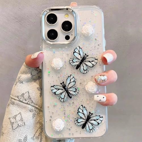 UEEBAI Case for iPhone 15 Pro Max, Clear Soft Pretty Cute Glitter Bling 3D Butterfly TPU Phone Case Slim Airbags Corners Non-Yellowing Shockproof Protective Bumper Silicone Cover for Women Girls, Blue