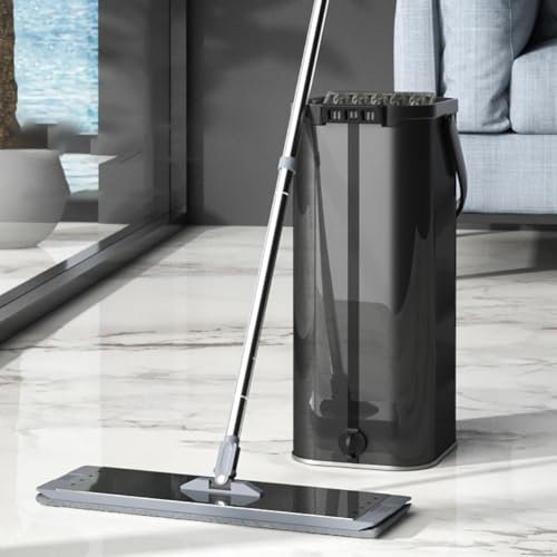 TT-YEC Fregona Profesional De Acero Inoxidable Con 2 Compartimentos De Cubo, Fregona De Microfibra, 360° Fregona Plana Giratoria Con Mango De 140 Cm Y 10 Almohadillas Reutilizables,Negro