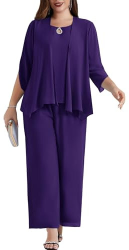 Hanna Nikole Elegante Plus Size Donna 3 Pezzi Set Canotta Chiffon Cardigan Pantaloni Outfit für Hochzeit Business Anzug Damen Set Vintage Mode Anzug Viola Scuro 48 Plus