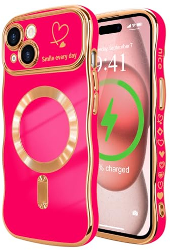 LCHULLE Coque pour iPhone 15 Plus Magnétique Ondulée Coeur,Rose Rouge | Compatible avec Magsafe,Coque avec Design à Ondes Motif Coeur,Protection de Caméra Galvanisé Housse, Forme Ondulée Bouclée
