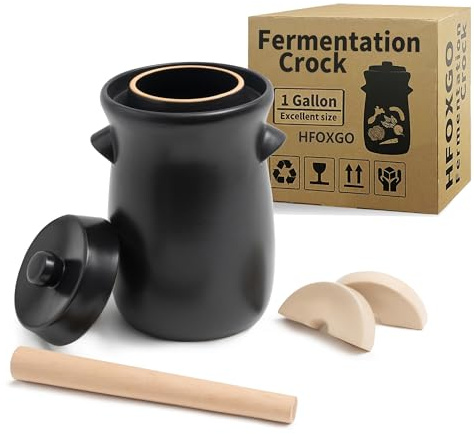 Gärtopf aus Steingut, 3,8 l, zum Gären, Einlegen von Kimchi, Gurken, Gemüse, Kombucha, glasierter Fermenter mit Steingewichten, Deckel und Gurkenstopfer, schwarzer Topf