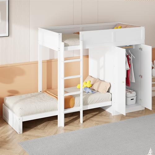 Aoskem Kinderbett Etagenbett 90x200 cm für 2 Kinder, Hochbett Hausbett mit Leiter und Stauraum Kleiderschrank, Holzbett Jugendbett Bettgestell mit Rausfallschutz und Lattenrost, Ohne Matratze (Weiß)