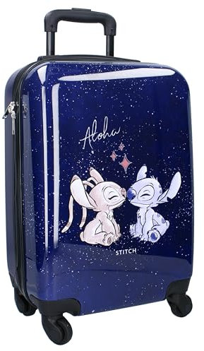 Stitch und Angel Aloha Trolley Koffer aus ABS für Kinder – 4 Rollen – ausziehbarer Griff – 46 x 33 x 21 cm – Fassungsvermögen 31 Liter – Farbe Dunkelblau, blau