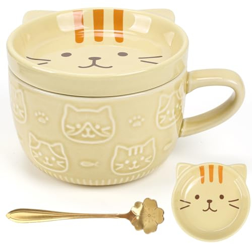 FOGAWA Cute Cat Mug with Lid Gifts for Women Cats Lovers Ceramic Cat Coffee Mug Kawaii Animal Coffee Tea Cup Saucer Set for Christmas Gifts Birthday New Year Boys Girls Men Mum