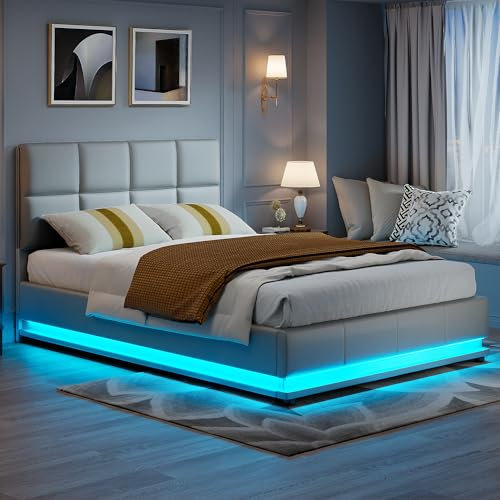 Ravas Polsterbett 140x200 cm mit LED Beleuchtung,16Farbwechsel,hydraulisch hochklappbarer Lattenrost,Modernes Doppelbett Erwachsenen-Jugendbett mit viel Stauraum für Schlafzimmer